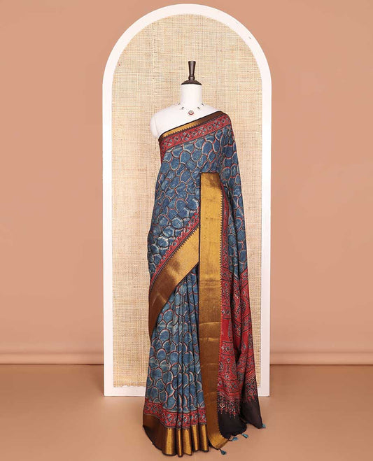 Blue ogee design modal silk saree with contrast temple border & floral design pallu