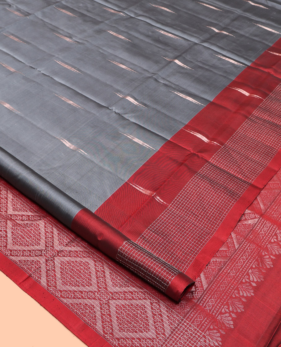 Grey Mayuri Lite Silk Mix Saree, Accentuated with Buttas, Complemented by a Contrast Checked Border, Pallu of Jaal Designs, and a Contrast Blouse