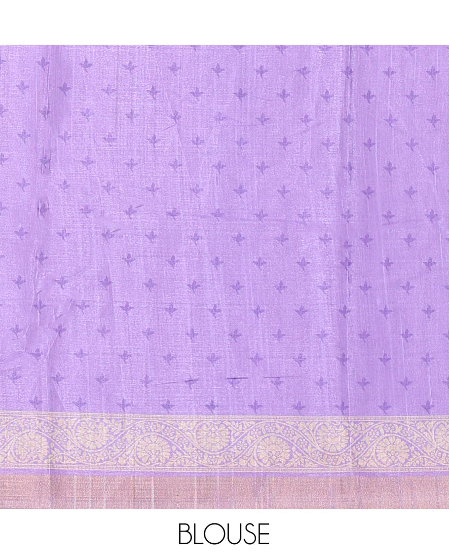 Green Katan Silk Saree Adorned with Stripes and Round Buttas on Its Body, Complemented by a Contrast Border of Floral Creeper Designs, Geometric Patterned Pallu, and Paired with a Contrast Blouse