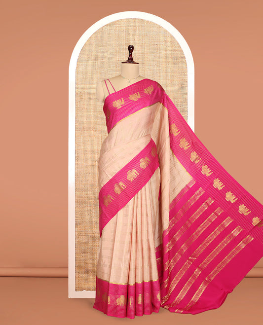 Light Sandal Mysore Silk Saree Features Checked Pattern, Contrast Traditional Elephant-Checked Border, a Grand Pallu, and a Contrast Blouse