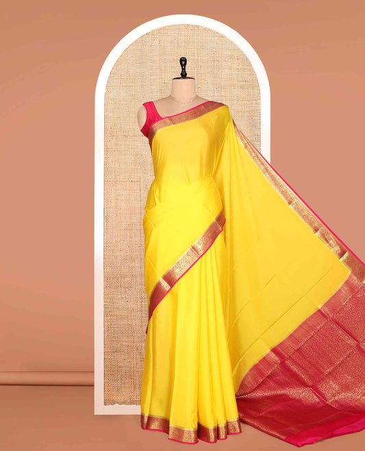 Yellow Plain Mysore Silk Saree, a Contrast Paisley-Floral Zari Border, Intricately Designed Pallu, and a Contrast Blouse