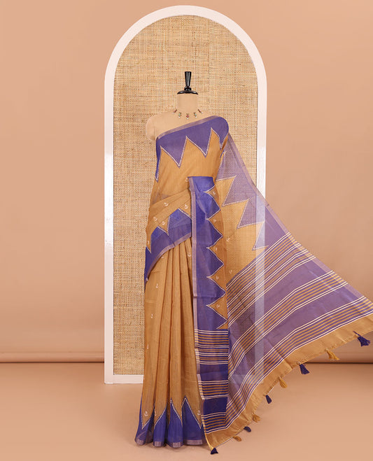 Gold small buttas printed Linen cotton saree, contrast double-sided temple border, striped pallu, and vertically striped blouse