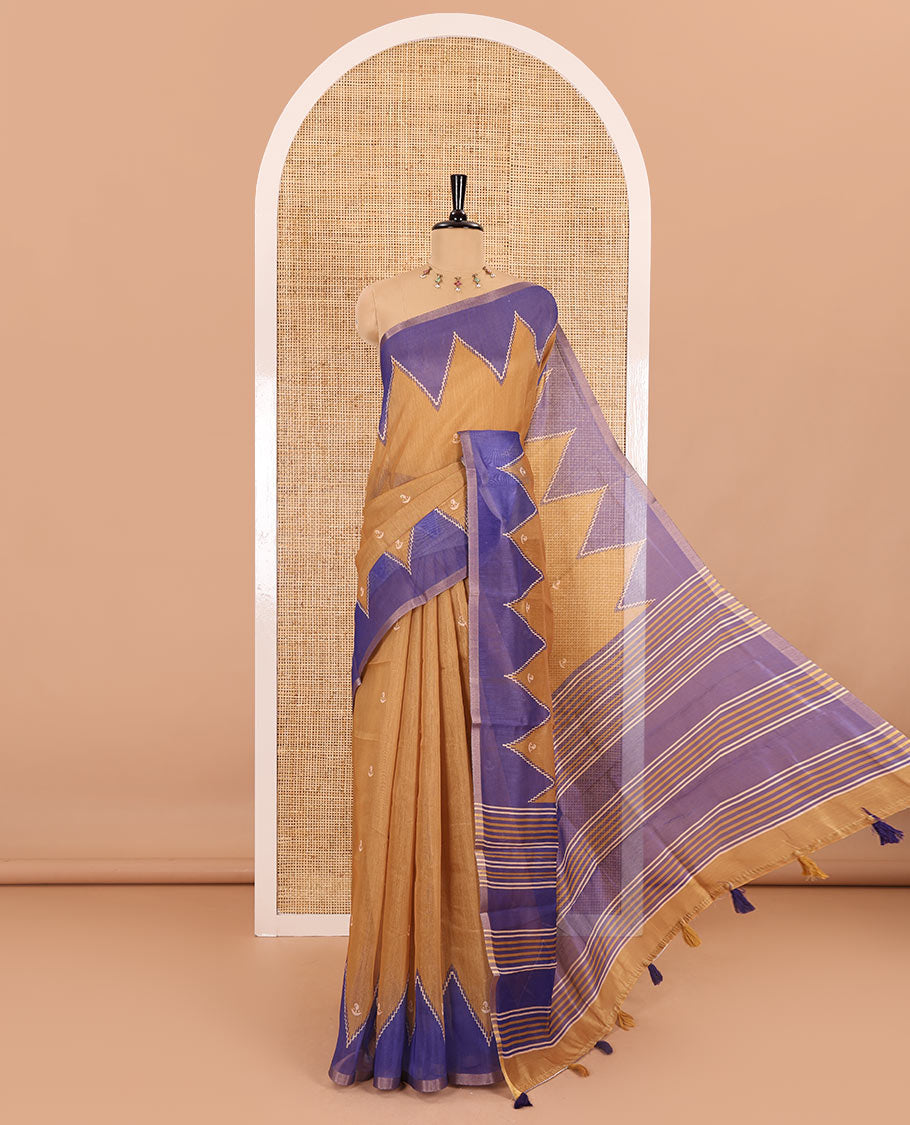 Gold small buttas printed Linen cotton saree, contrast double-sided temple border, striped pallu, and vertically striped blouse