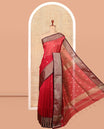 Red Maheshwari Cotton Saree, Finely Crafted with Buttas, Complemented by a Contrast Chevron Striped Zari Border, Zari Buttas Pallu, and a Contrast Blouse