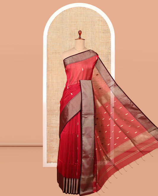 Red Maheshwari Cotton Saree, Finely Crafted with Buttas, Complemented by a Contrast Chevron Striped Zari Border, Zari Buttas Pallu, and a Contrast Blouse