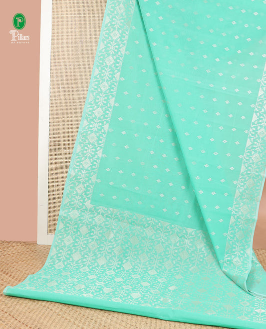 Green zari buttas silk cotton saree with jamthani weaving border & rich weaving pallu along with plain blouse
