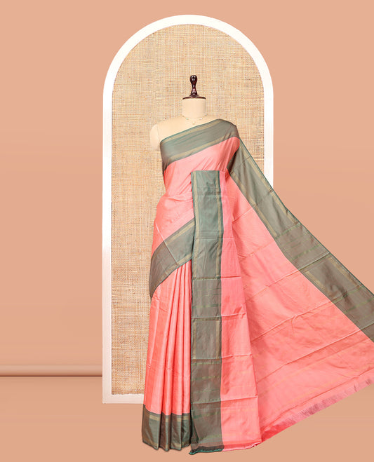 Peach Arani Saree, Sparsely Threaded with Butta Enclosed Checks, a Contrast Bodi Border, Self-Pallu, and a Matching Blouse