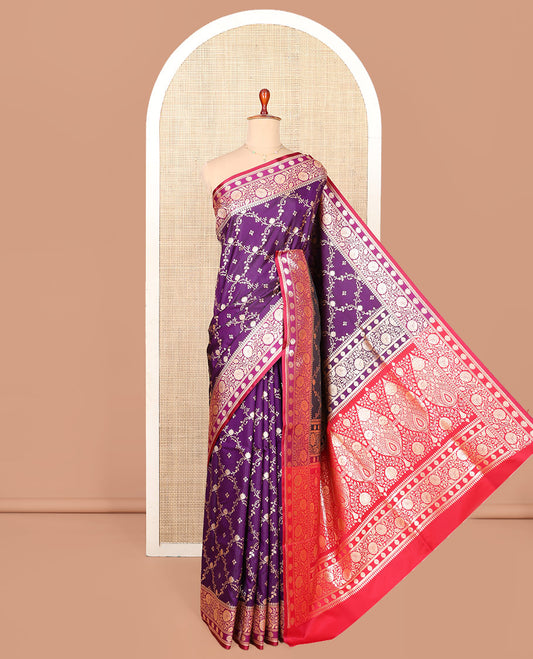 Purple Semi-Banaras Saree, Majestically Detailed with Jaal Jacquard on Its Body, Complemented by Floral Creeper Design Border, Intricately Designed Pallu, and Paired with a Contrast Blouse