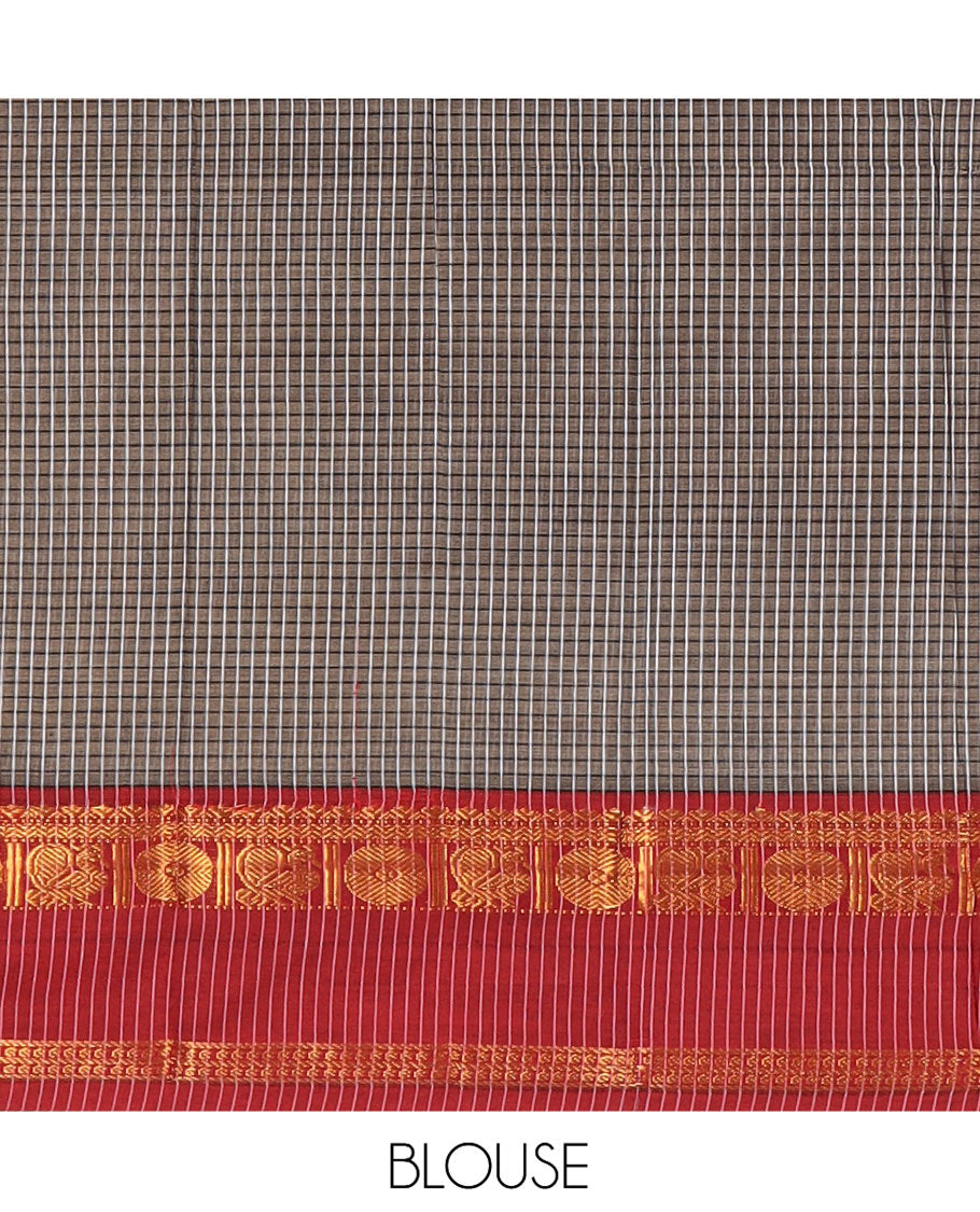 Light Brown Checked Mercerised Cotton Saree, Contrast Ganga-Jamuna Traditional Border, and Matching Blouse