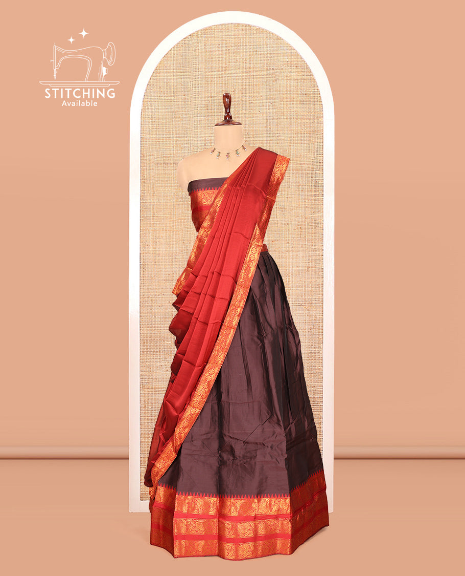 Brown Semi-Banarasi Half-Saree Features Plain Skirt, Contrast Floral Creeper Zari Border, Matching Blouse, Contrast Dhavani