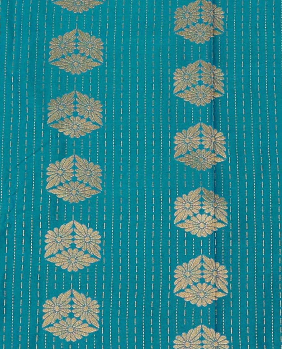 Blue Art Silk Pavadai Material Set, Beautified with Zari Stripes and Zari Buttas Skirt, Complemented by a Contrast Floral-Jaal Patterned Zari Border, and Paired with a Contrast Blouse