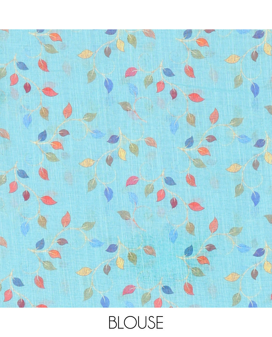 Baby pink motifs linen cotton saree with contrast plain border , birds mofits pallu and leaf printed blouse