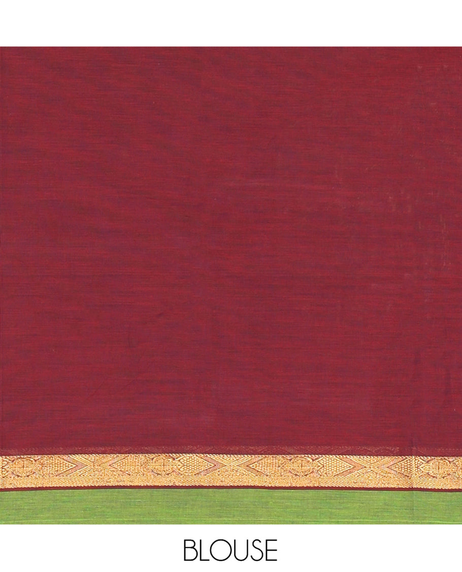 Red Plain Chettinad Cotton Saree, a Contrast Ganga-Jamuna Border, Striped Pallu, and a Matching Blouse