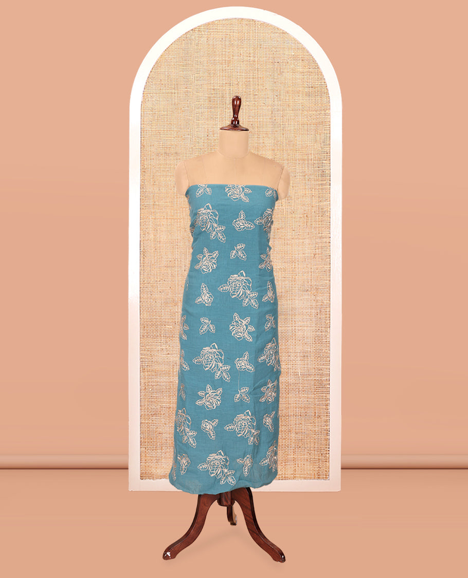 Sea Blue Mul Crush Chanderi Material Chudiddar, Floral Embroidered Top, Plain Bottom, Embroidered Dupatta