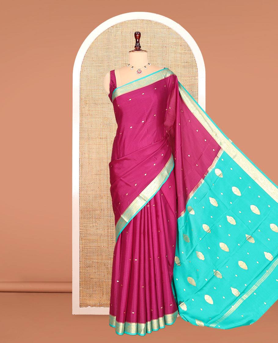 Pink Zari Buttas Mysore Silk Saree, Complemented by a Contrast Traditional Zari Border, Zari Design Pallu, and a Contrast Blouse
