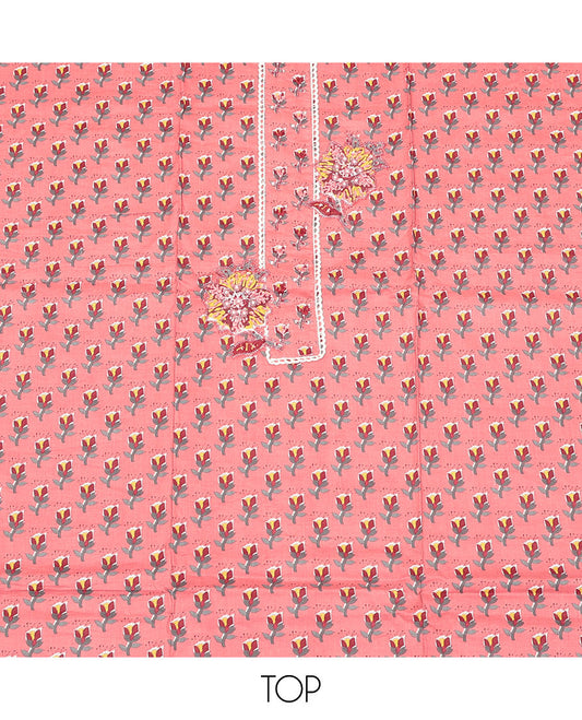Peach Cotton Material Churidar Set, Elevated with Floral Print and Embroidery Top, Floral Bottom, and a Printed Dupatta
