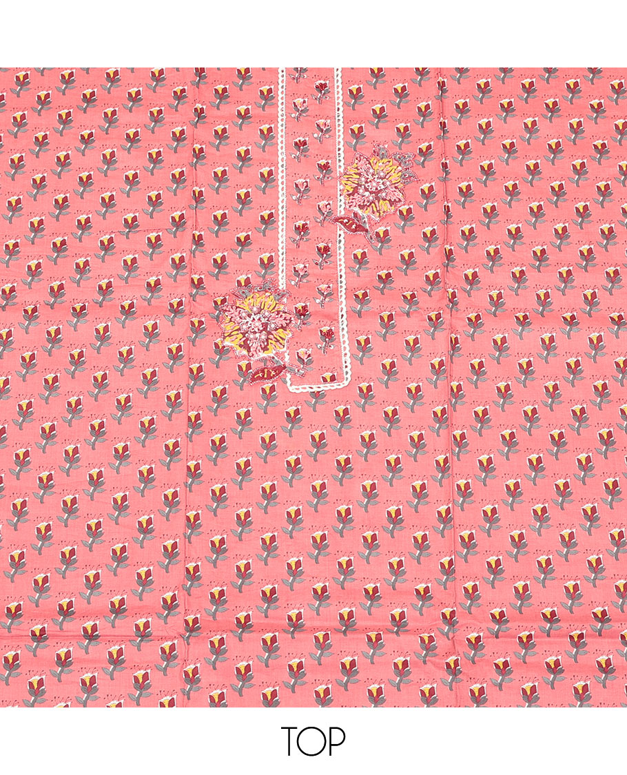Peach Cotton Material Churidar Set, Elevated with Floral Print and Embroidery Top, Floral Bottom, and a Printed Dupatta