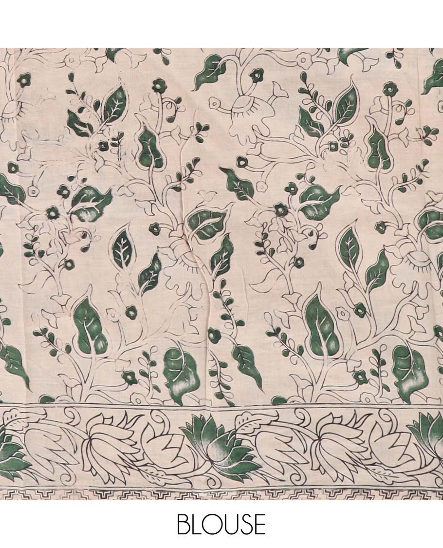 Cream floral vine design printed kalamkari cotton saree with contrast floral border & pallu of peacock design