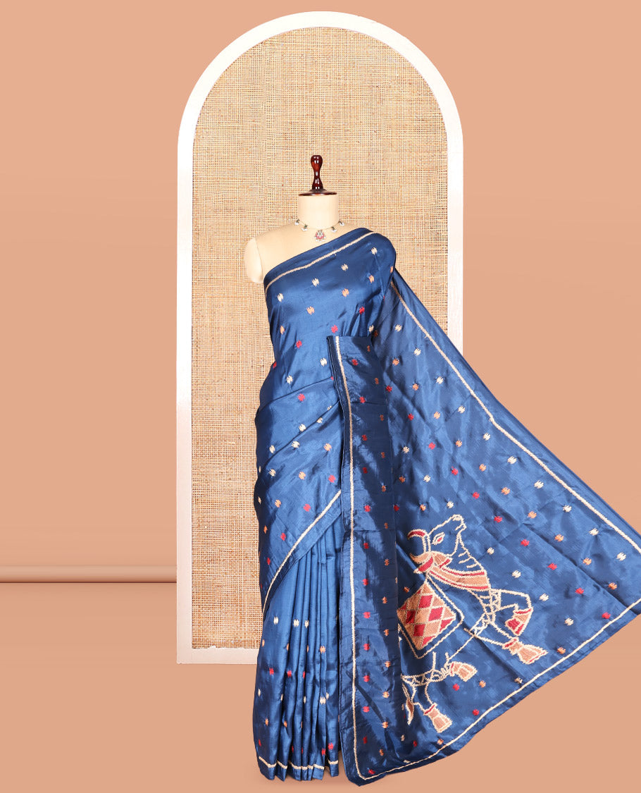 Sky Blue Matka Silk Saree Features Thread Buttas, a Self-Border, Pichwai Cow Pallu, Matching Blouse