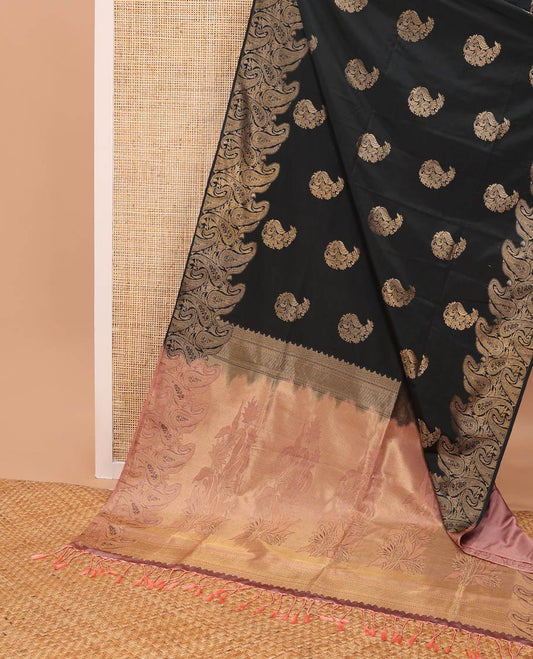 Black paisley design semi soft silk saree with self floral design border & intricate zari design pallu