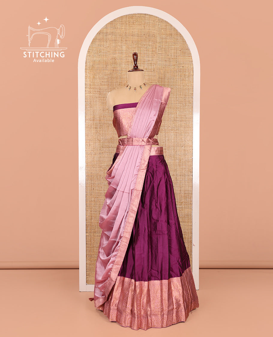 Purple Semi-Banaras Half-Saree, Plain Contrast Intricate-Bordered Skirt, Matching Blouse, Contrast Dhavani