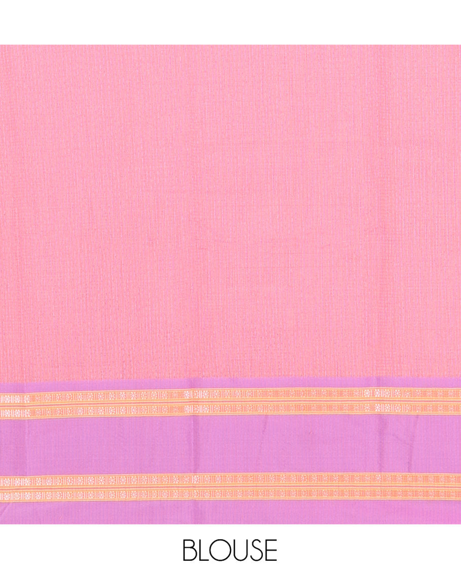 Light Pink Mercerised Cotton Saree, Subtly Sparkled with Checks, Contrast Rettai Pettu Border, Striped Pallu, and Matching Blouse