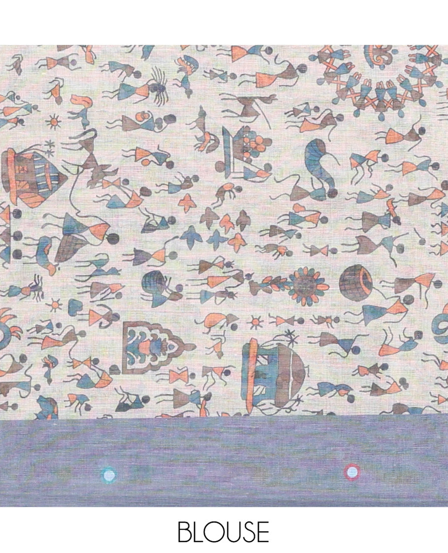 Grey Linen Cotton Saree, Adorned with Mirrorwork, a Piping Border, Contrast Warli Printed Pallu, Contrast Blouse