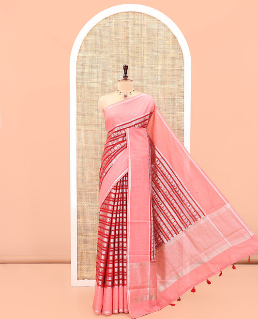 Red Organza Saree, Richly Zari Detailed with Geometric and Elephant Motifs All Over Its Body, Complemented by Captivating Contrast Zari Border, Zari Decked Up Pallu, and Paired with a Contrast Blouse