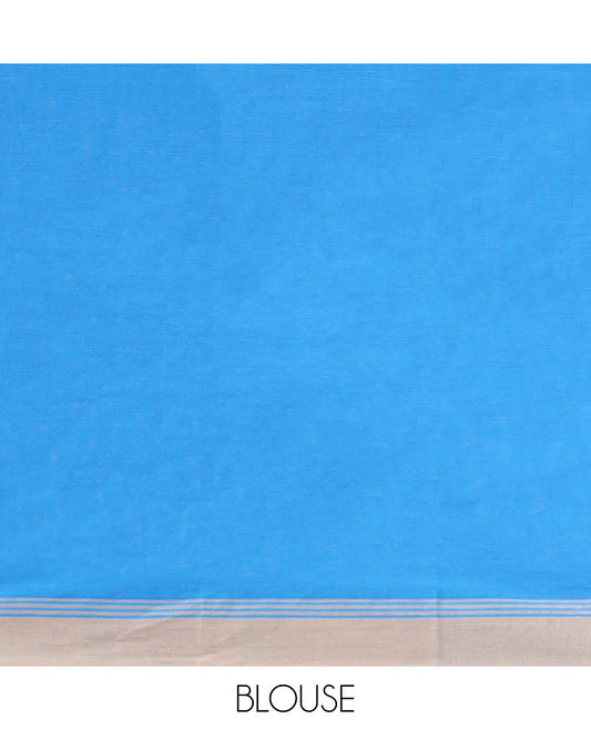 Light blue peacock motifs kanchi cotton saree with contrast striped border & floral motifs, striped pallu