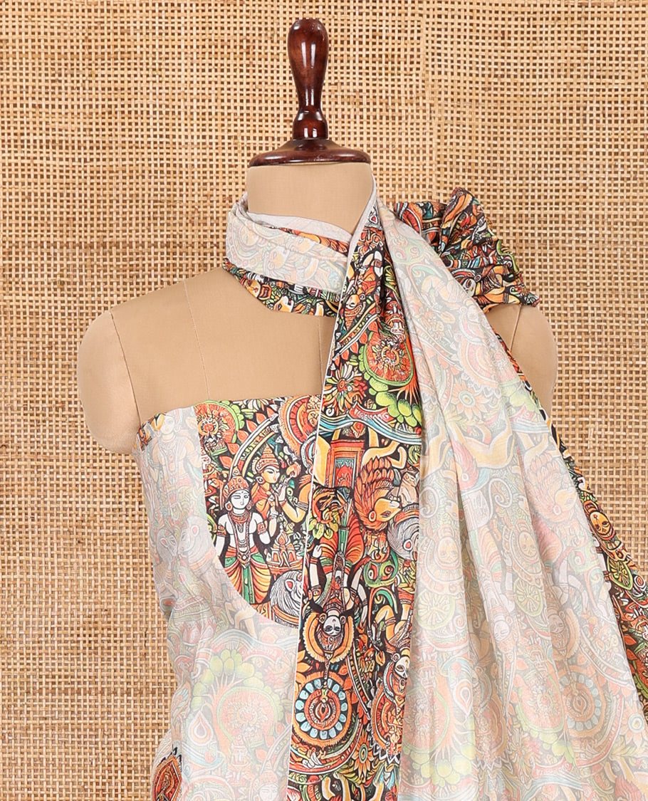 Cream Semi-Silk Material Chudidar, Goddess Durga-Theme Printed Top, Santoon Bottom, and Printed Dupatta