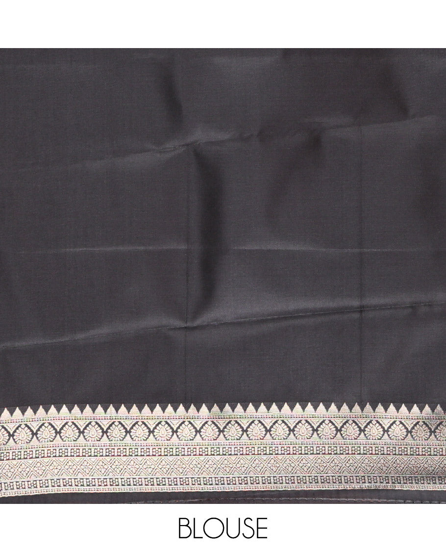 Red Kanchi Silk Saree Highlighted by Zari Stripes and Scallop Buttas All Over Its Body, Complemented by Contrast Border of Zari Designs, Gracefully Embellished Pallu of Intricate Designs, and Paired with a Contrast Blouse