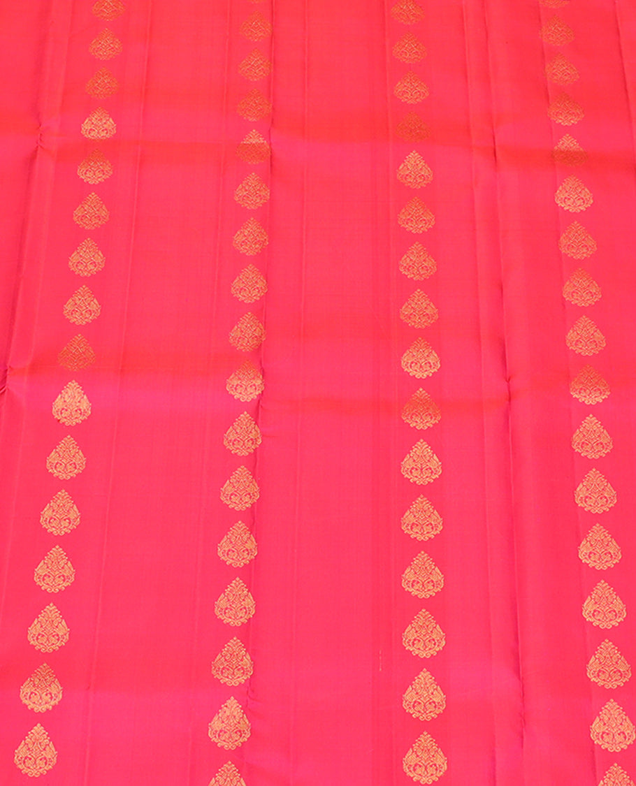 Pink Pure Silk Pavadai Material, Mesmerized with Zari Buttas on Its Skirt, a Contrast Traditional Zari Border, and a Contrast Blouse