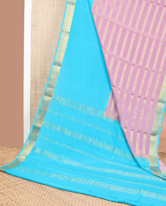 Multi colored striped mysore silk saree with contrast zari border & striped zari pallu