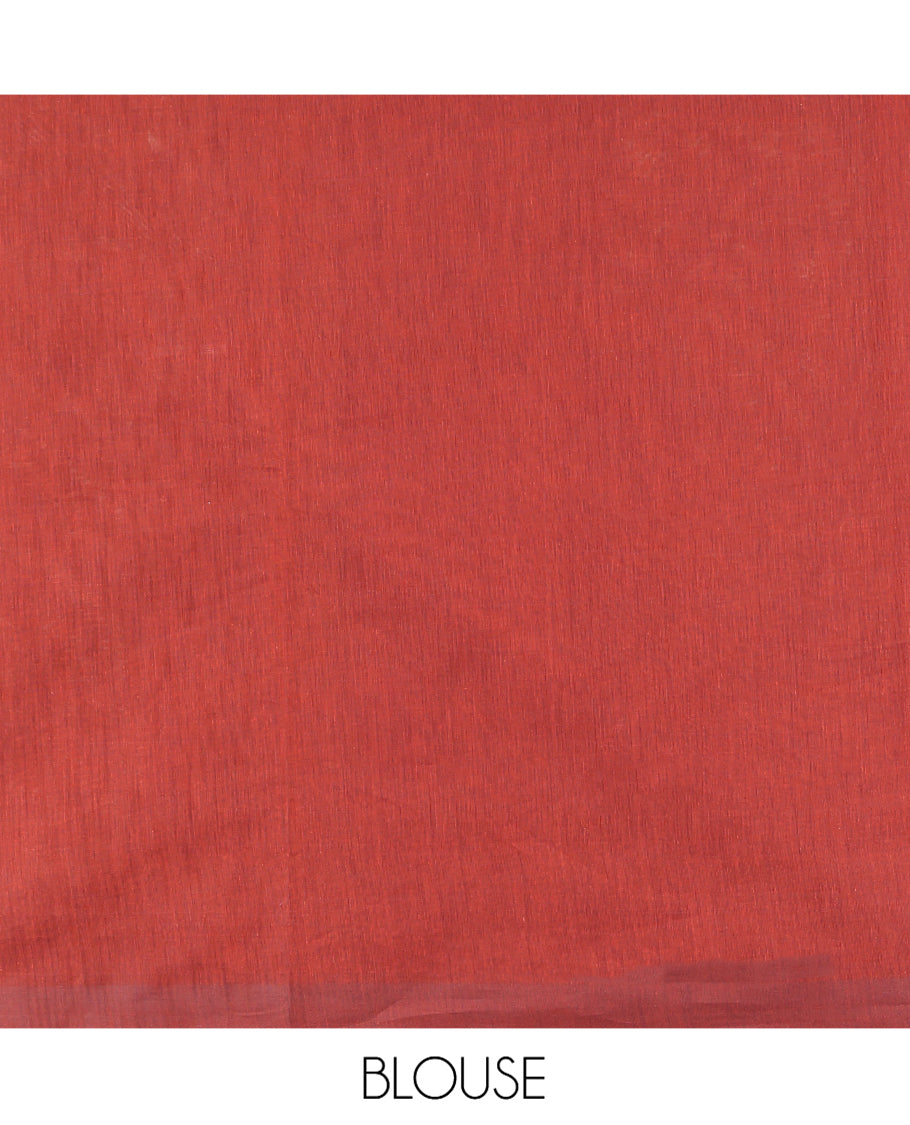 Brown Coimbatore Cotton Saree, Featuring Paisley Buttas on Its Body, a Contrast Border, Pallu of Ogee Design, and Paired with a Contrast Blouse