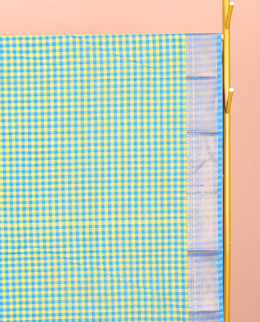 Green-Blue Chettinad Cotton Saree, Adorned with Micro-Checks, Complemented by Traditional Zari Design Border, Striped Pallu, and No Blouse