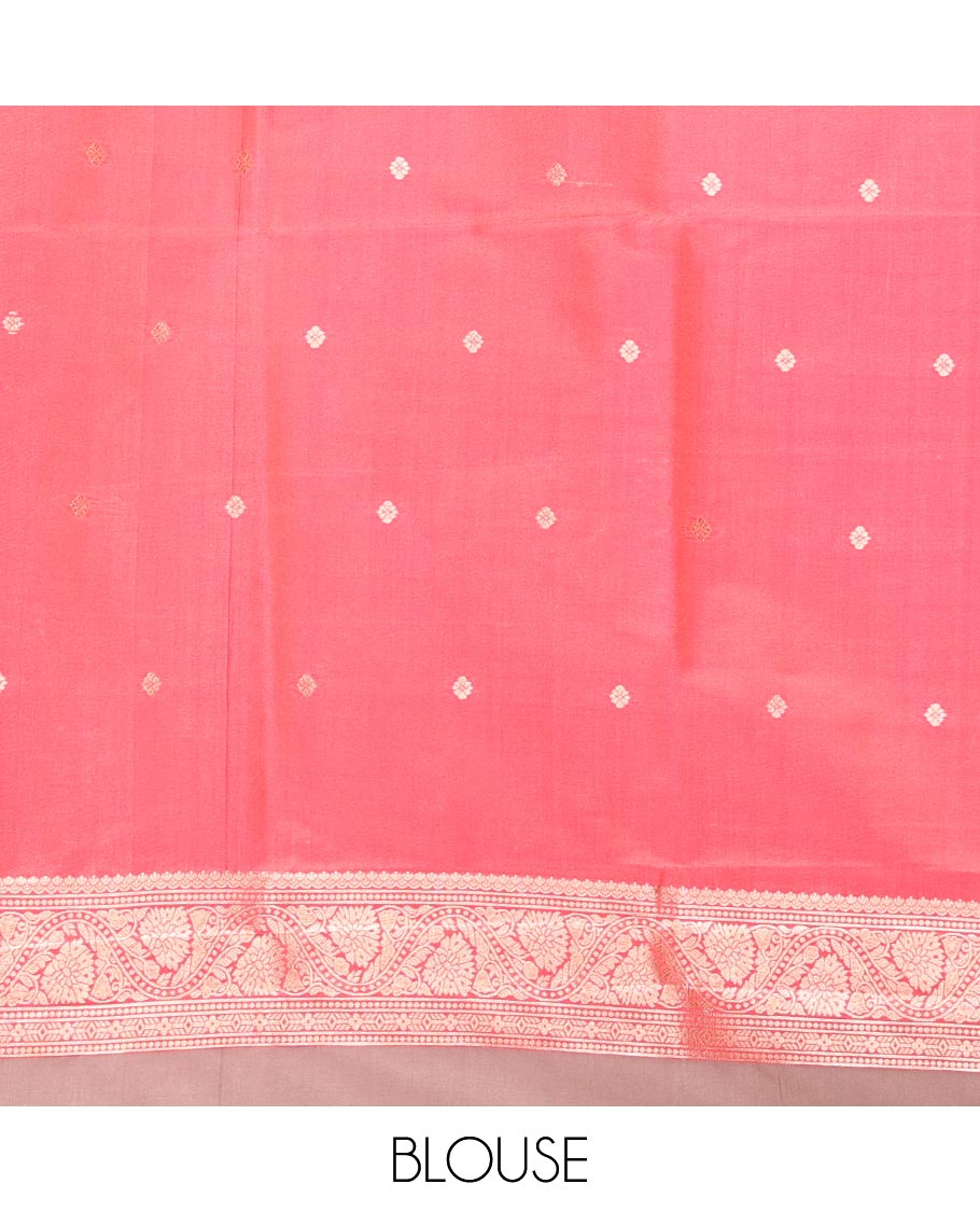 Pale Pink Elite Soft Silk Saree, Gleamed Up with Zari Buttas and Zari Stripes All Over Its Body, Complemented by a Contrast Temple Border of Round Peacock Designs, Rich Pallu of Peacock Chakram Butta Enclosed Checks, and Paired with a Contrast Blouse