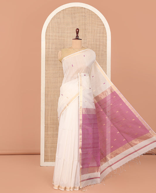 Cream Maheshwari Cotton Saree, Beautified with Thread Buttas All Over Its Body, Highlighted by Zari Piping Chevron Design Border, Captivating Contrast Pallu of Buttas, and Paired with a Contrast Blouse