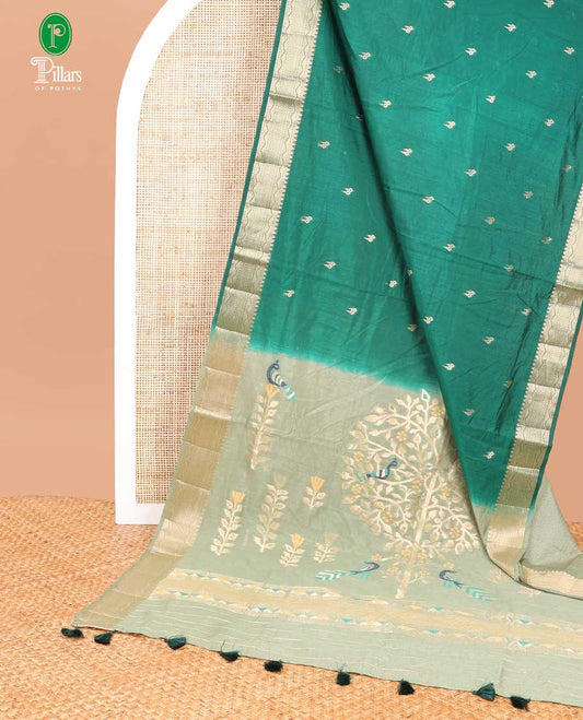Peacock green small butta art raw silk saree with bavanchi temple border rich pallu along with vertical stripes blouse