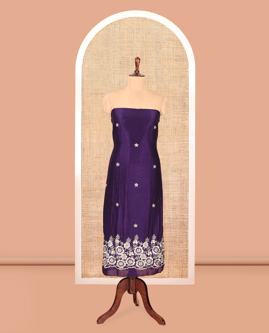 Violet Semi-Silk Material Churidar Features a Floral Embroidered Top, a Matching Bottom, Embroidered Dupatta