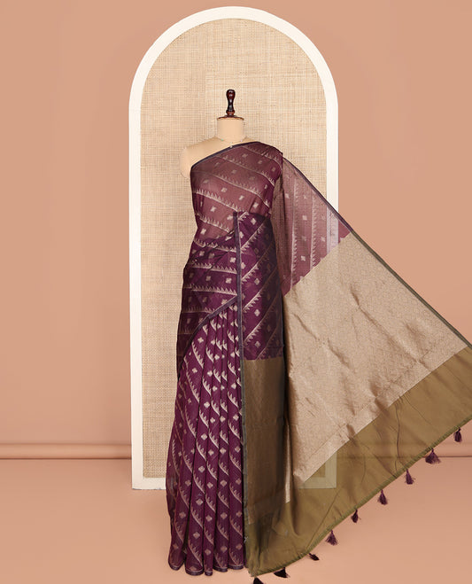 Borderless Purple Chanderi Cotton Saree, Adorned with Zari Buttas and Temple Stripes on Its Body, Complemented by Contrast Pallu of Jaal Designs, and Paired with a Contrast Jacquard Blouse