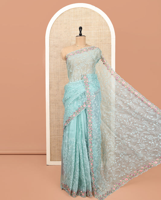 Blue Designer Saree, Sparsely Threaded with Floral Vine Thread Embroidery, Scallop Floral Embroidered Border, and Embroidered Matching Blouse