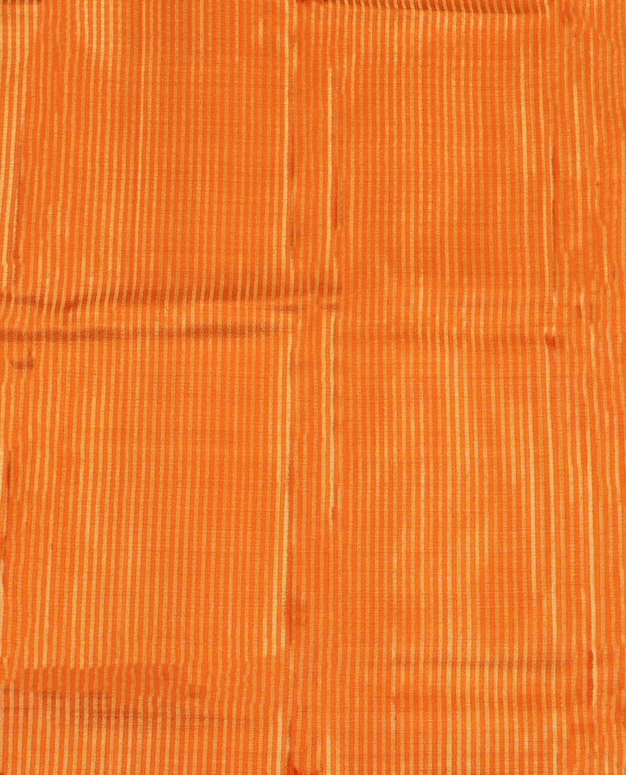 Orange Pure Silk Half-Saree, Steeped in Richness of Zari Stripes on Its Skirt, Complemented by a Contrast Border of Rekku, Muthu, Kathir, Diamond, and Mayil Designs, Comes with a Contrast Jacquard Blouse and a Dhavani of Intricate Designs