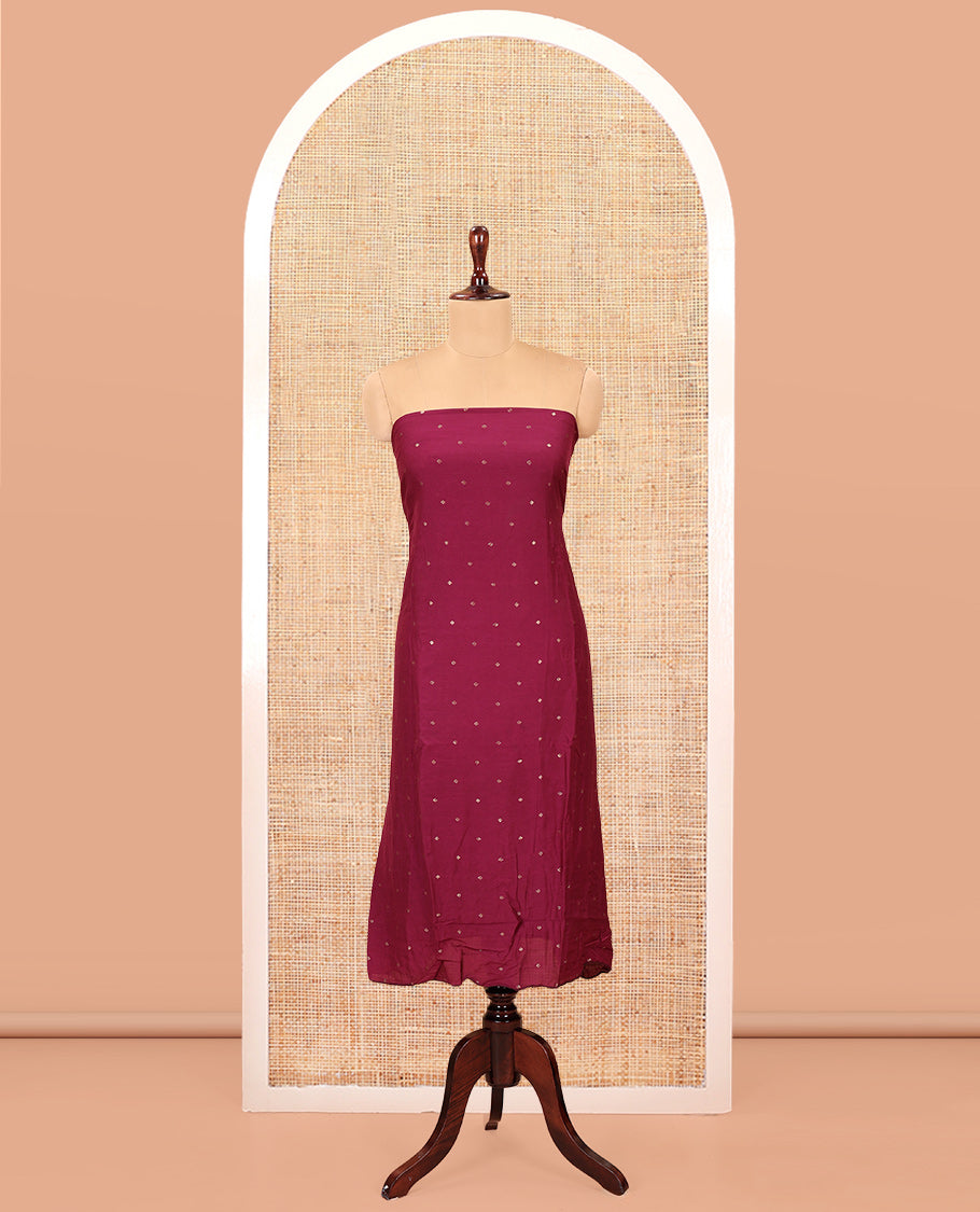 Wine Mul Chanderi Material Chudidar Set, Subtly Sparkled with Buttas Top, a Matching Bottom, and a Circle Motif Woven Dupatta