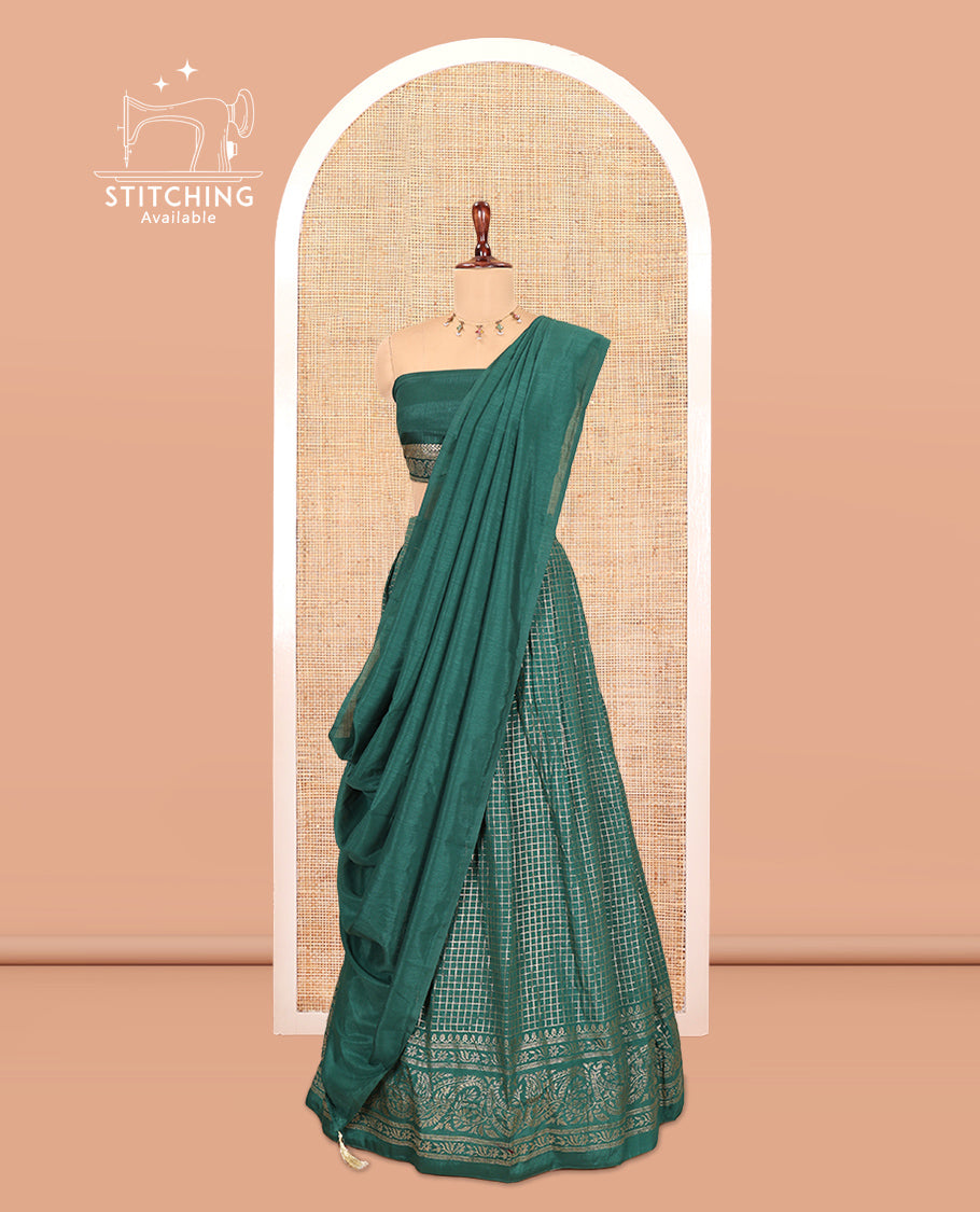 Green Vichitra Silk Half Saree with Zari Checks, a Traditional Zari Border, Matching Blouse and a Dhavani