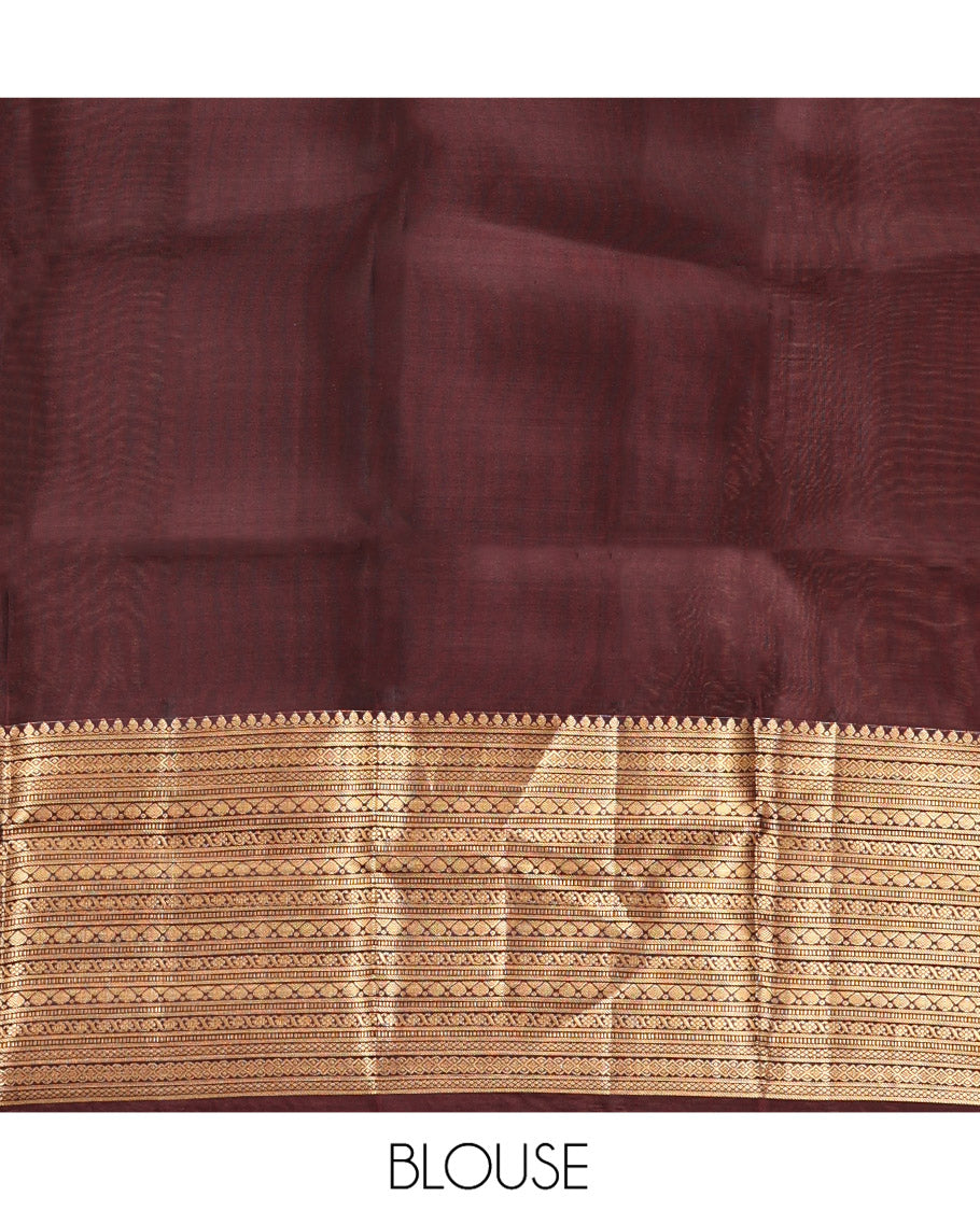 Wine and Maroon Vasundhara Lite Silk Mix Saree, Elevated with Zari Buttas All Over Its Body, Complemented by Contrast Border of Thilakam, Muthu, Banaras, Diamond, Mayil Kann, and Cross Kamalam Designs, Grand Pallu, and Paired with a Contrast Blouse