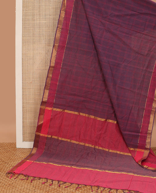 Purple checked mangalgiri cotton saree with contrast temple border & pallu of checks