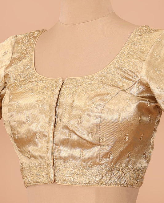 Gold thread embroidered front-back round neck elbow sleeve blouse