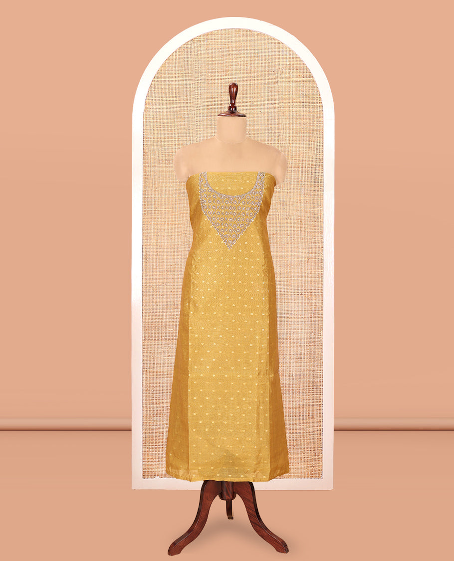 Mustard Chanderi Tissue Material Chudiddar, Buttas Neckwork Top, Plain Bottom, Contrast Floral Dupatta