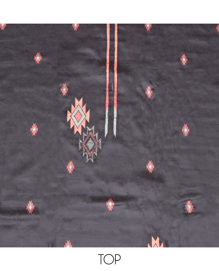 Black Cotton Material Churidar Set, Woven with Buttas Top, Plain Bottom, and Temple Dupatta