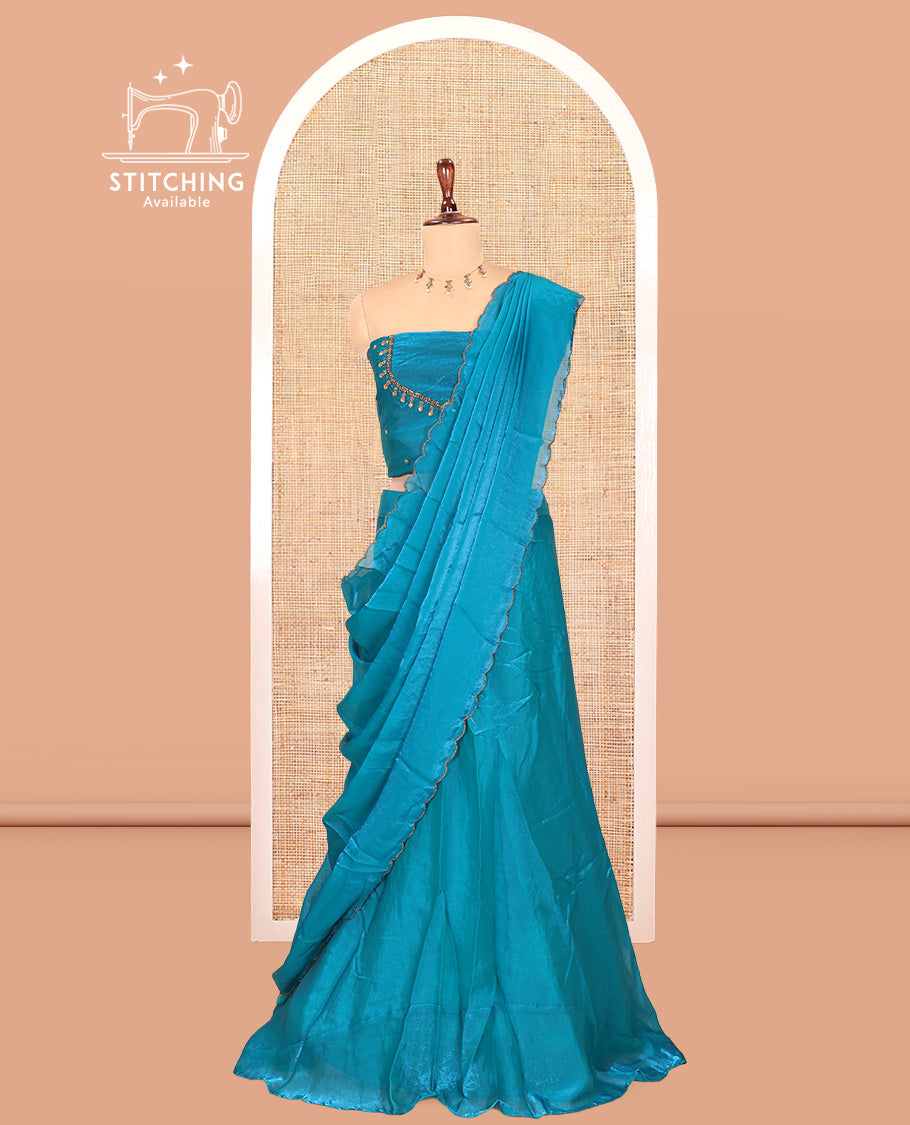 Rama Blue Fendi Organza  Half-Saree, Plain Skirt, Matching Embroidered Blouse, Matching Scallop Dhavani